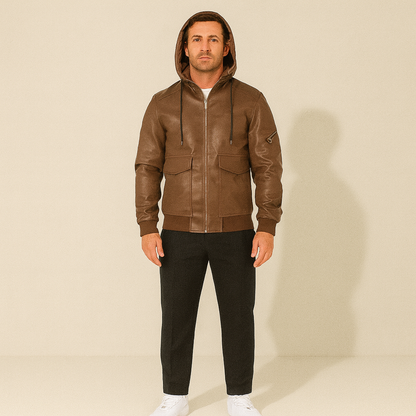 Warm Mens Brown Leather Puffer Coat with Hood