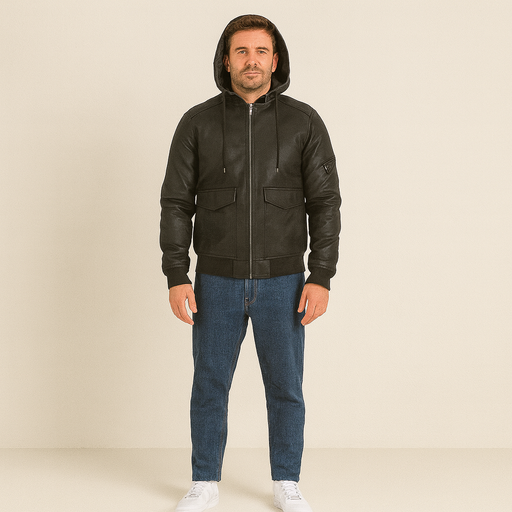 Warm Mens Brown Leather Puffer Coat with Hood