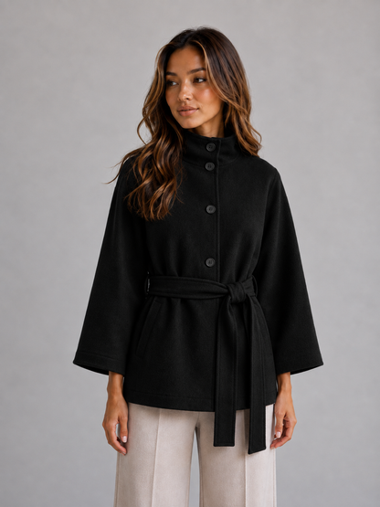 Women's Classic Wool Blend Belted Cape Jacket with Stand Collar