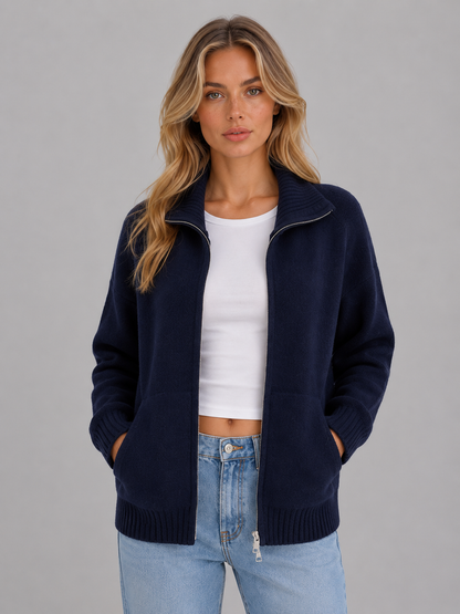 Women's Casual Soft Knit Zip-Up Cardigan with Funnel Neck