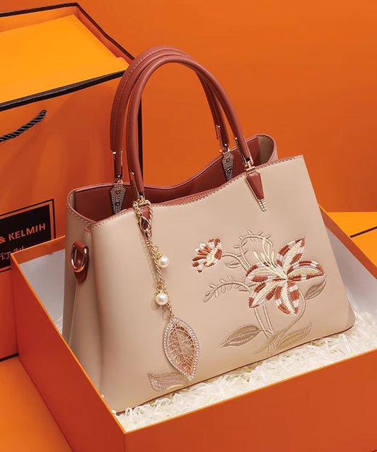 OutfitLondon Leather Tote Bag Apricot Embroidered Zipper Closure - OutfitLondon