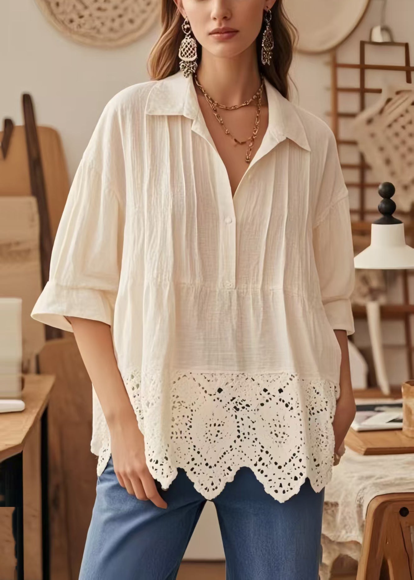 Women's Oversized Cotton Blend Blouse Apricot - OutfitLondon