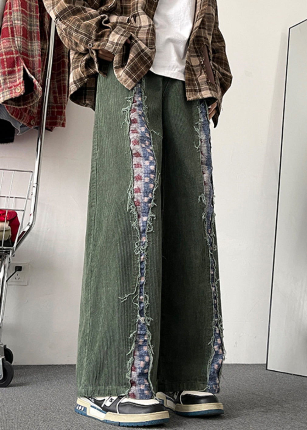 Men's Corduroy Pants Army Green Fringe Detail - OutfitLondon