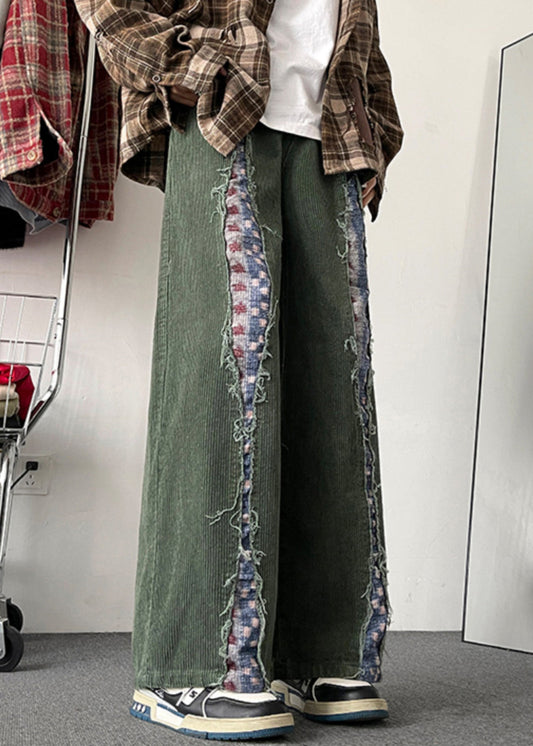 Men's Corduroy Pants Army Green Fringe Detail - OutfitLondon