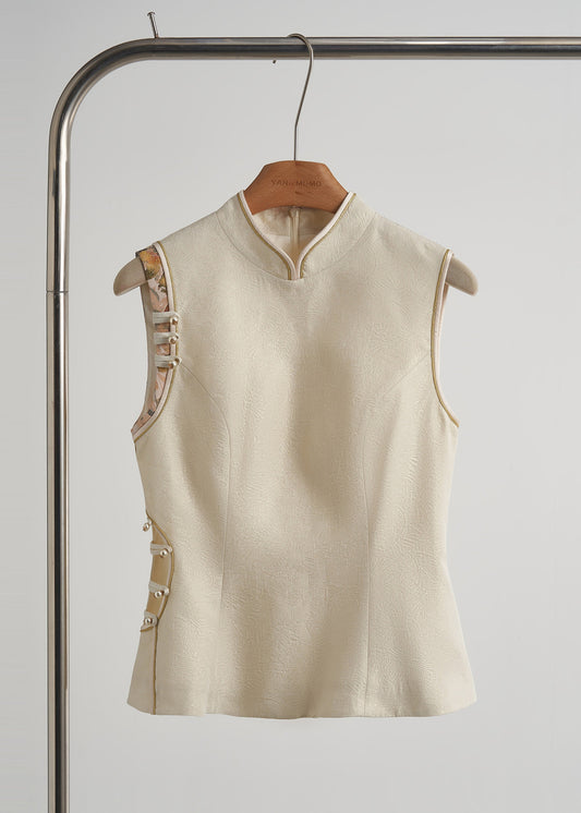 Women's Silk Blend Vest Beige Chinese Buttons Autumn - OutfitLondon