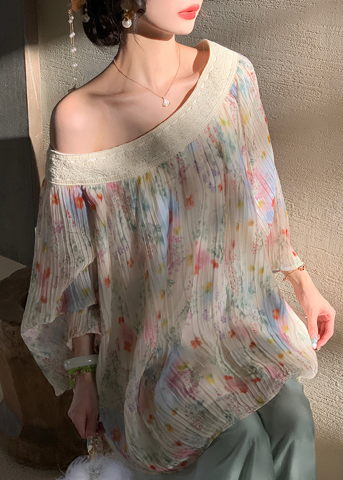 Women's Embroidered Blouse Beige Crinkled Chiffon Plus Size - OutfitLondon