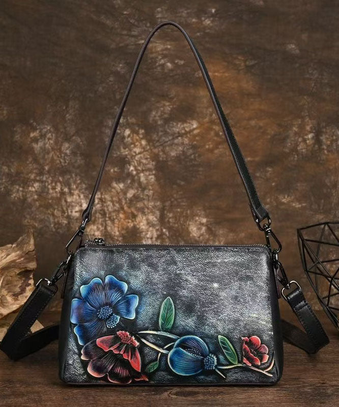 Women's Crossbody Bag Black Embossed Leather Zipper Closure - OutfitLondon