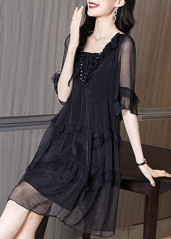 Women's Black Silk Chiffon Summer Dress With Ruffles - OutfitLondon
