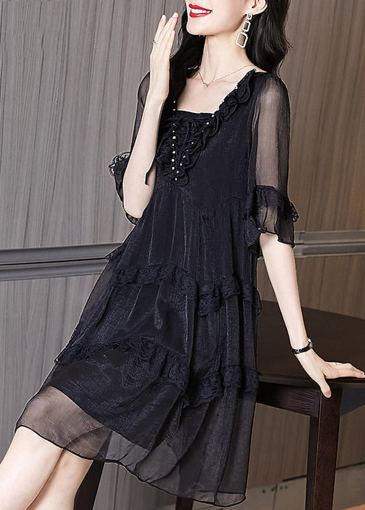 Women's Black Silk Chiffon Summer Dress With Ruffles - OutfitLondon