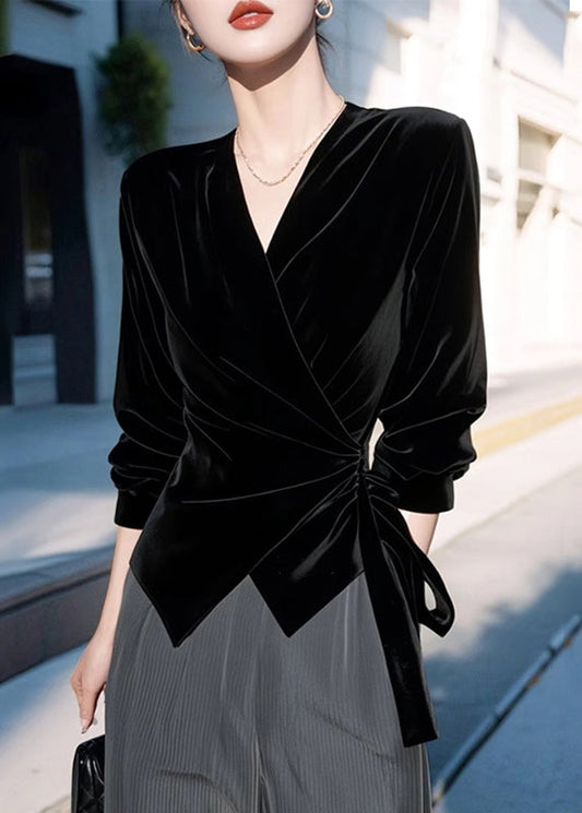 Women's Velvet Shirt V Neck Silk Black - OutfitLondon