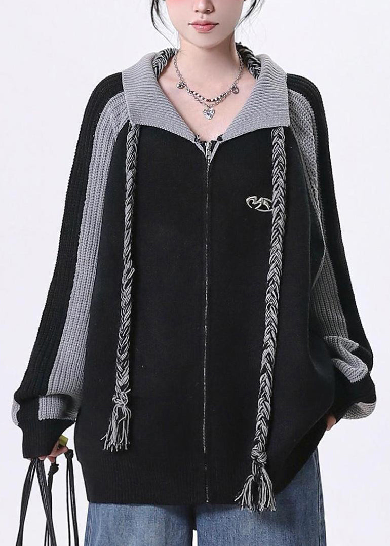 Women's Oversized Cardigan Black Knit Zipper - OutfitLondon