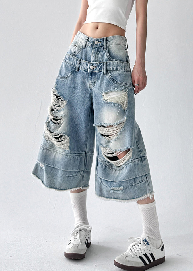 Women's Denim Shorts Blue Distressed Flattering Fit - OutfitLondon