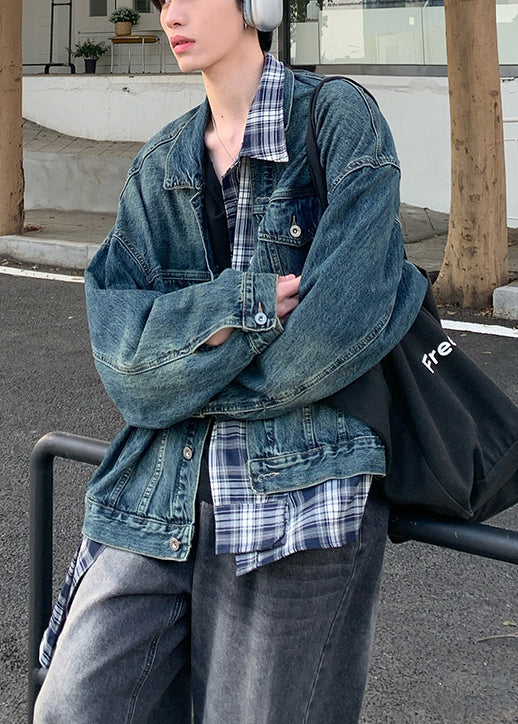 Men's Patchwork Denim Coat Blue Plaid Pockets - OutfitLondon