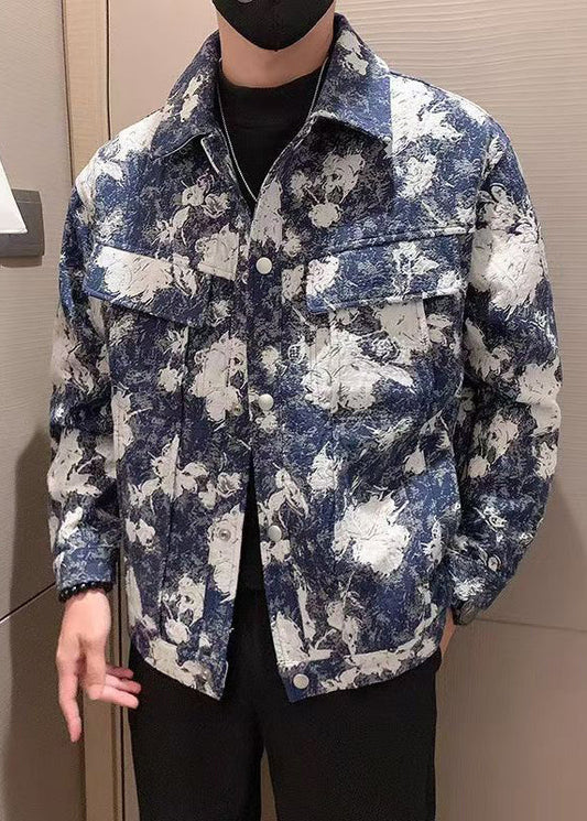 Men's Blue Printed Cotton Blend Coat With Pockets - OutfitLondon
