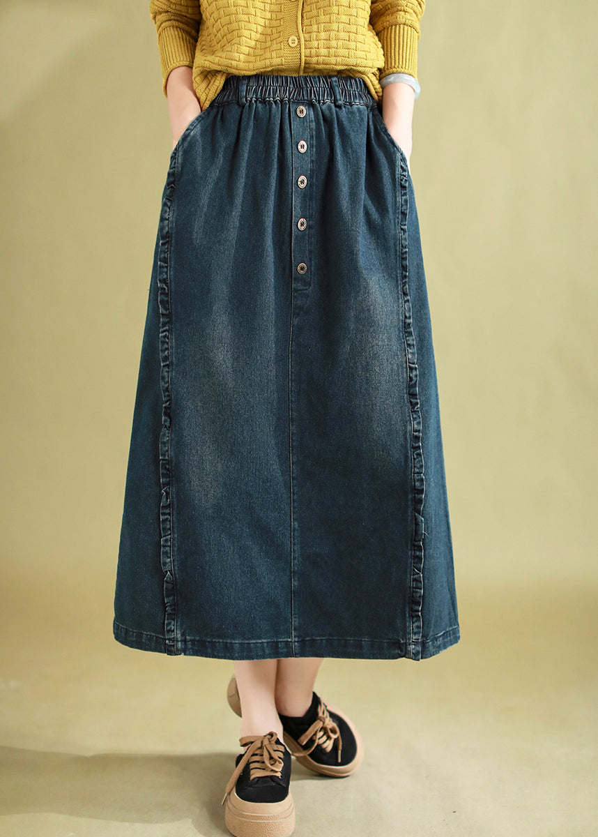 Women's Blue Denim Skirt Elastic Waist Ruffles - OutfitLondon