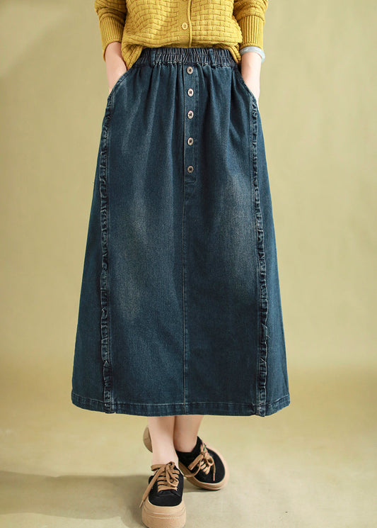 Women's Blue Denim Skirt Elastic Waist Ruffles - OutfitLondon