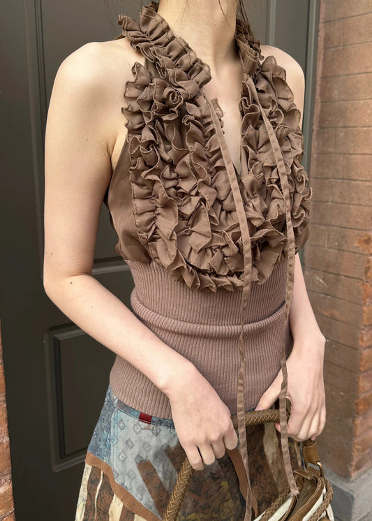 Women's Patchwork Knit Tank Lace Ruffles - OutfitLondon