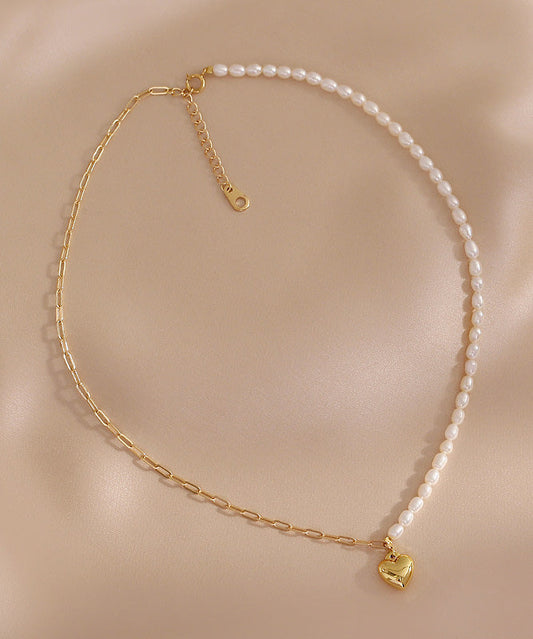 14K Gold Pearl Necklace Asymmetrical Patchwork Pendant - OutfitLondon