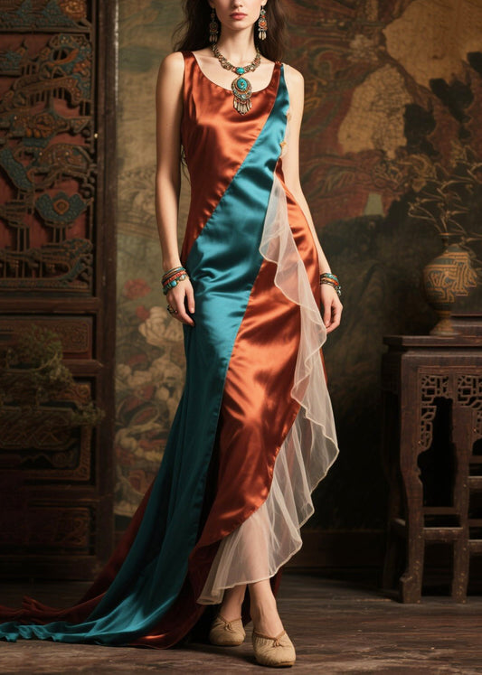 Women's Silk Blend Asymmetric Dress Colorblock Oversized Hem - OutfitLondon