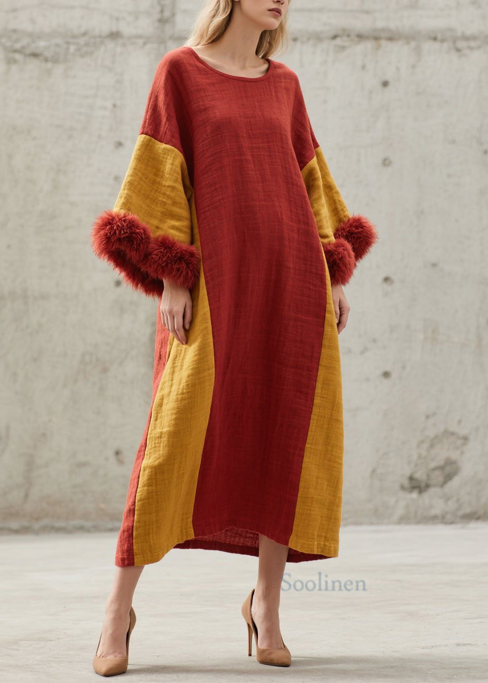 Women's Long Faux Fur Robe Colorblock Patchwork - OutfitLondon