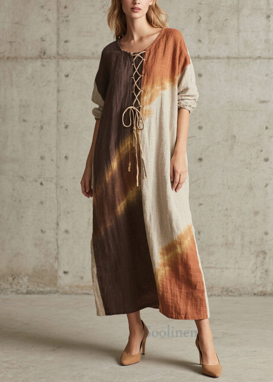 Women's Cotton Maxi Dress Lace-Up Round-Neck Colorblock - OutfitLondon