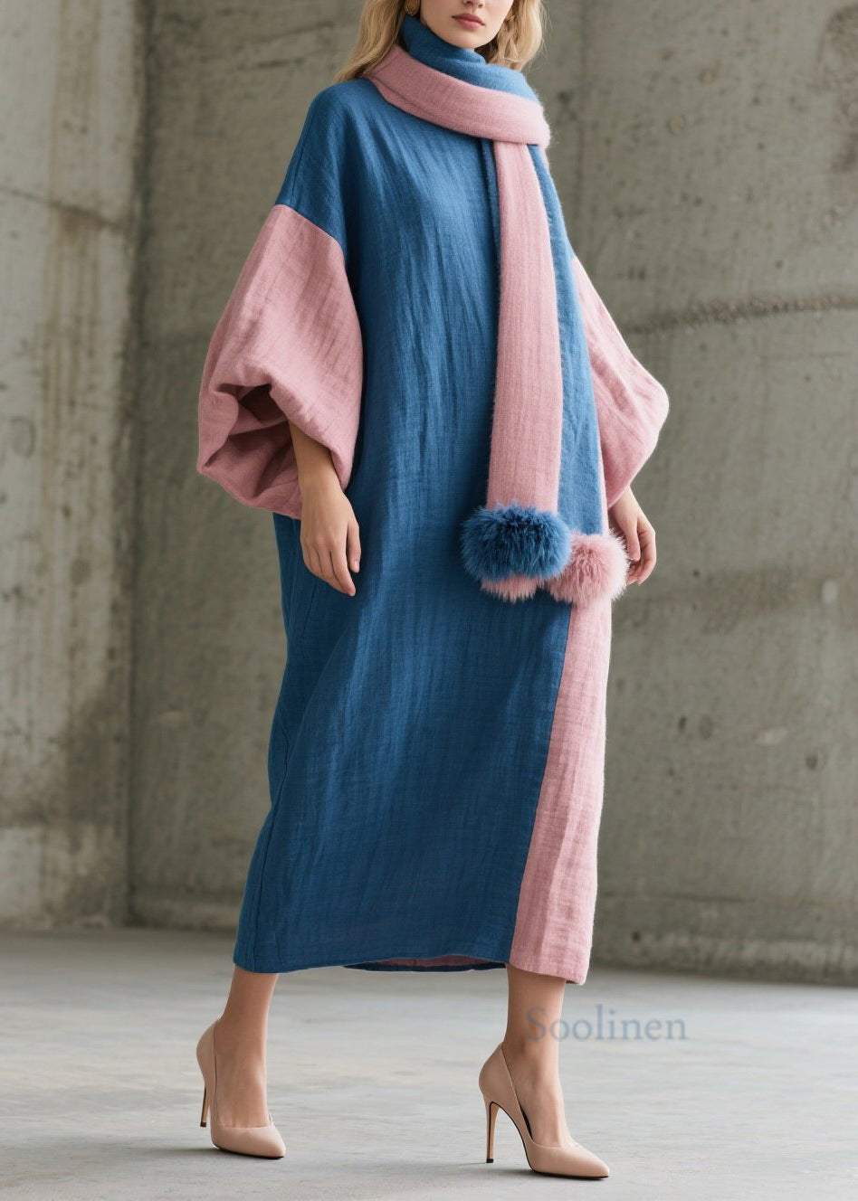 Women's Patchwork Cotton Dress Colorblock O Neck - OutfitLondon