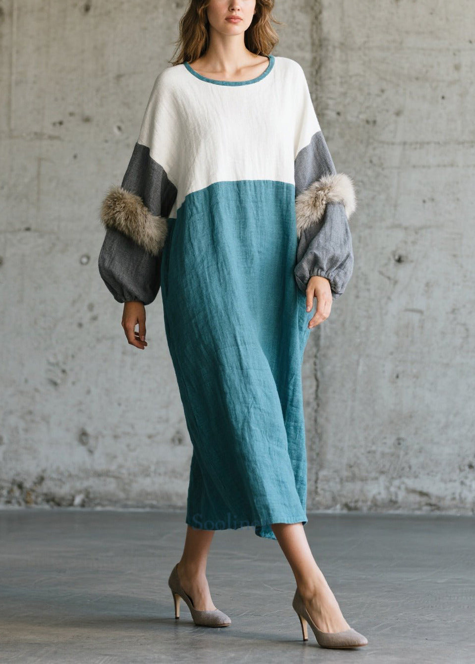 Women's Faux Fur Ankle Dress Patchwork Cozy Autumn - OutfitLondon