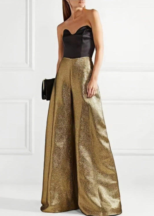 Women's Off Shoulder Jumpsuit Patchwork Wide Leg Gold Summer - OutfitLondon