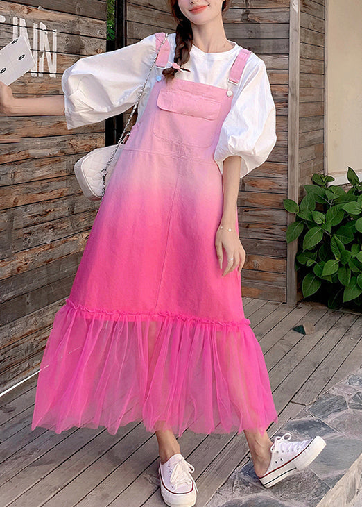 Women's Patchwork Dress Denim Strap Tulle Pockets - OutfitLondon