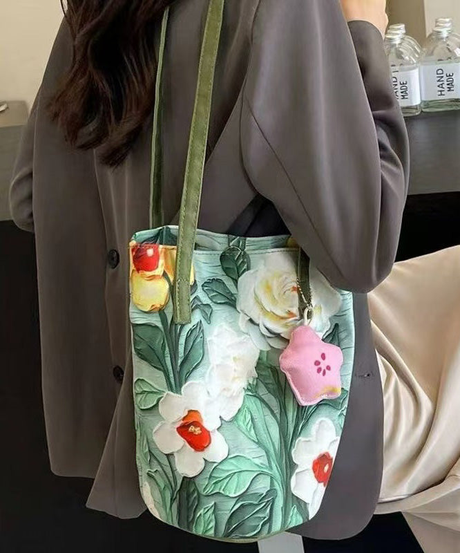 Large Velvet Bucket Bag Green Floral Zipper Closure - OutfitLondon