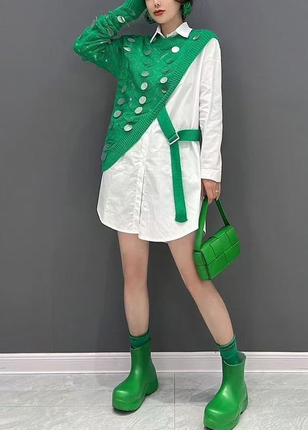 Women's Green Cotton Knit Sweater Set - OutfitLondon