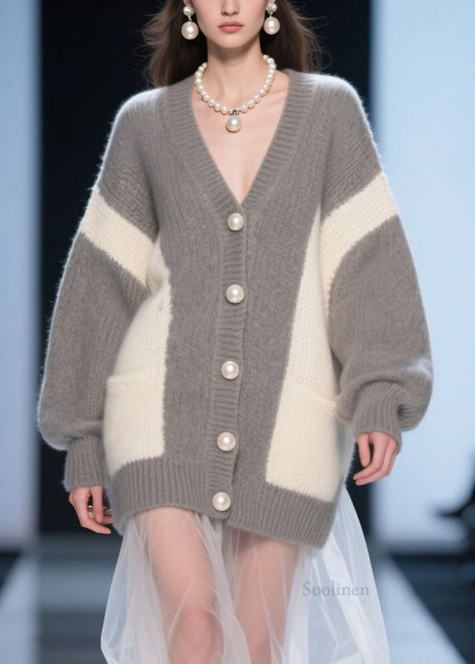 Women's Patchwork Cardigan Tulle Knit Gray - OutfitLondon