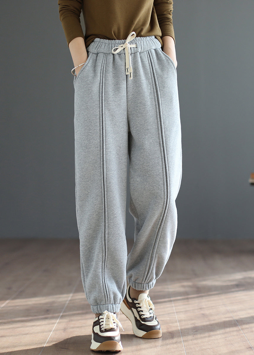 Women's Fleece Sweatpants Warm Grey Elastic Waist - OutfitLondon