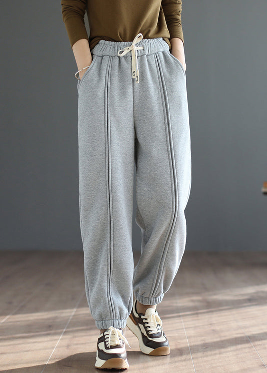 Women's Fleece Sweatpants Warm Grey Elastic Waist - OutfitLondon