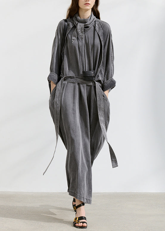 Women's Gray Denim Maxi Dress Turtleneck Lace Up - OutfitLondon