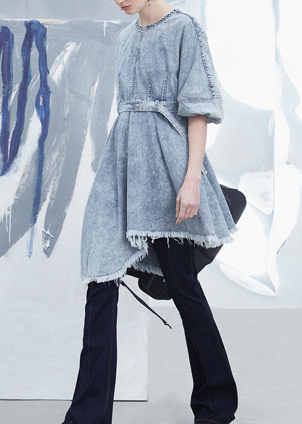Women's Asymmetrical Denim Dress Patchwork Tassel Details - OutfitLondon