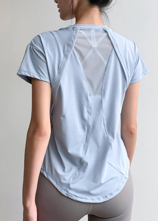 Women's Yoga Short Sleeve Light Blue Cotton Blend - OutfitLondon