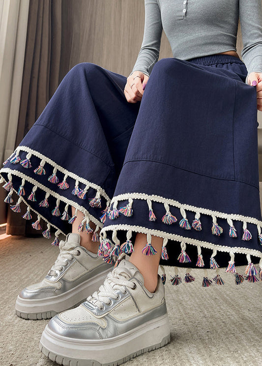 Women's Navy Cotton Wide Leg Pants Elastic Waist - OutfitLondon