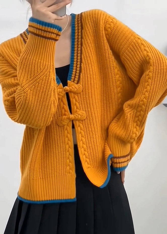Women's V Neck Cardigan Orange Knit - OutfitLondon