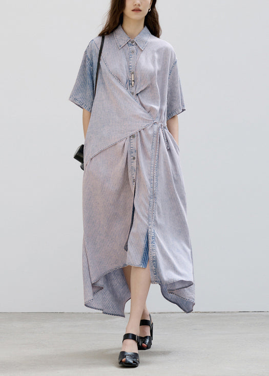 Women's Patchwork Denim Dress Lace Up Waist Asymmetrical Hem - OutfitLondon