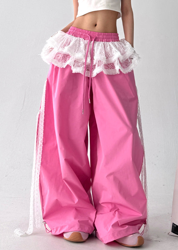 Women's Cotton Pants Lace Trim Pink Elastic Waist - OutfitLondon