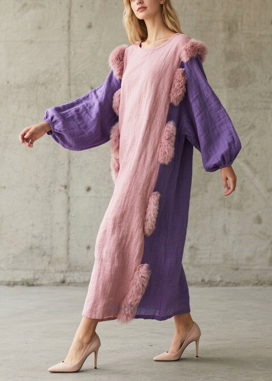 Women's Oversize Cotton Robe Faux Fur Lantern Sleeves - OutfitLondon
