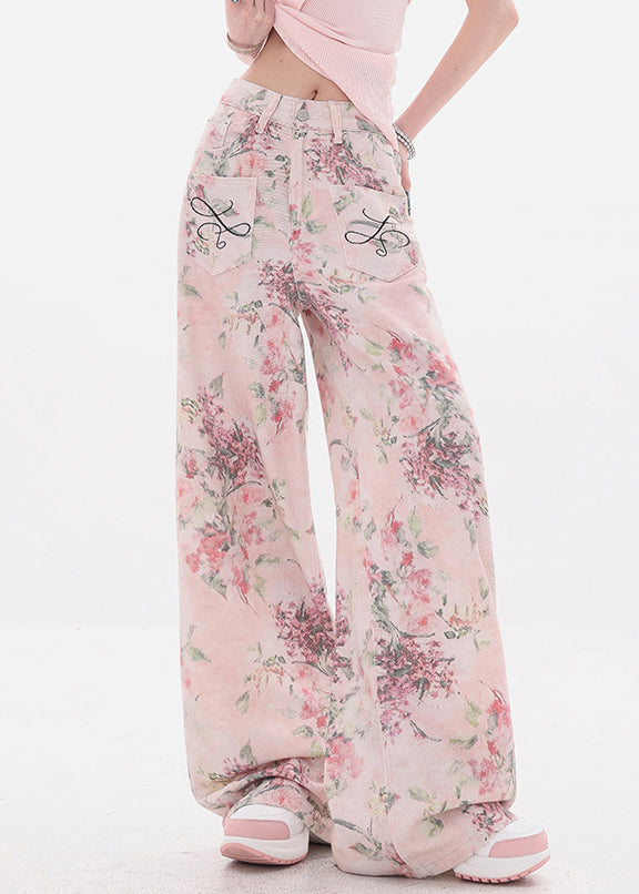Women's High Waisted Wide Leg Jeans Pink Rose Print - OutfitLondon