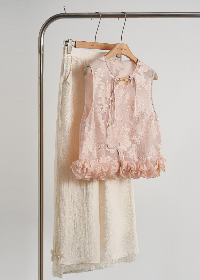 Women's Silk Vest Ruffled Sleeveless Pink - OutfitLondon