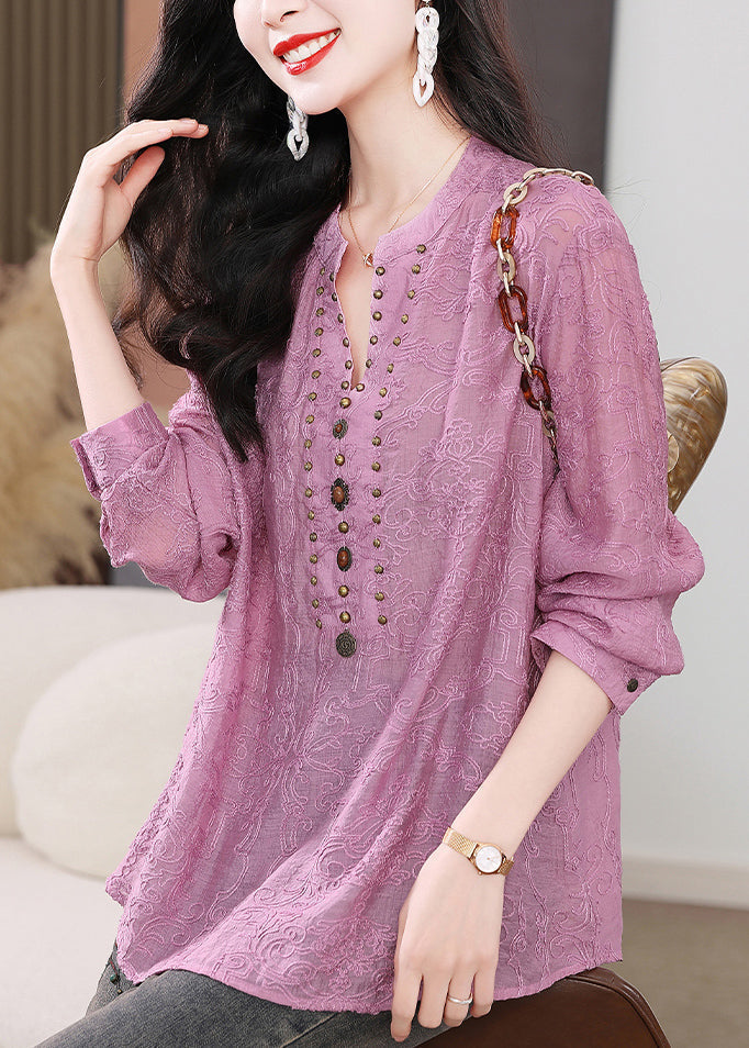 Women's Long Sleeve Cotton Blouse Purple Embroidery - OutfitLondon