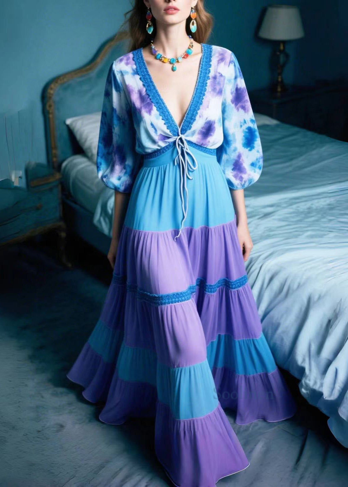 Women's Silk Chiffon Maxi Dress Violet Patchwork Lightweight - OutfitLondon