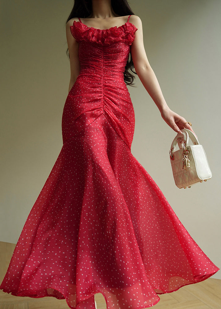 Women's Red Polka Dot Maxi Dress Crinkled Chiffon - OutfitLondon
