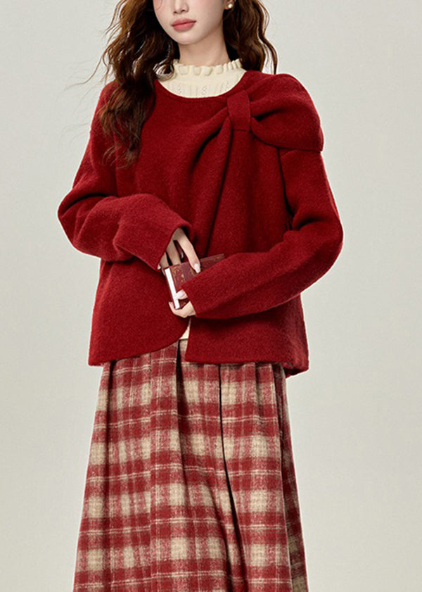 Women's Round Neck Knit Sweater Red - OutfitLondon
