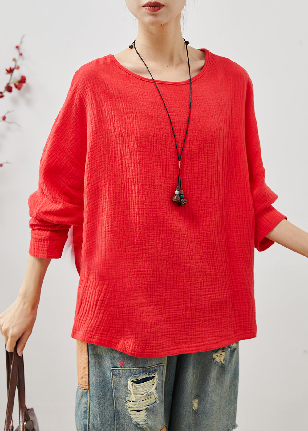 Women's Cotton Sweatshirt Oversized Red Relaxed Fit - OutfitLondon