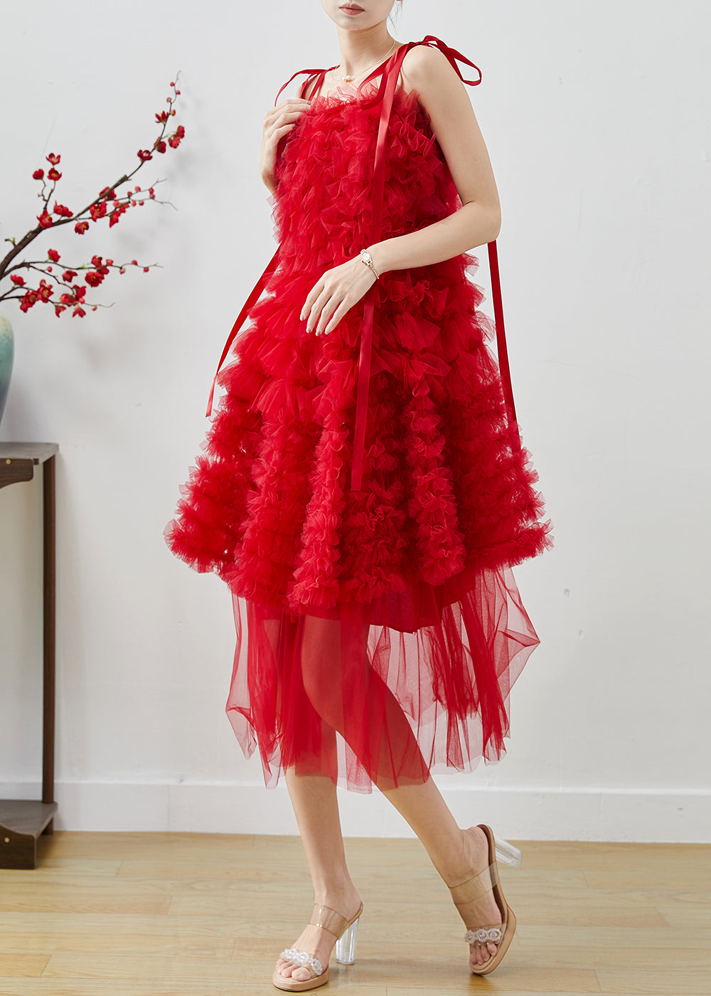 Women's Red Tulle Mini Dress Adjustable Straps Layered - OutfitLondon
